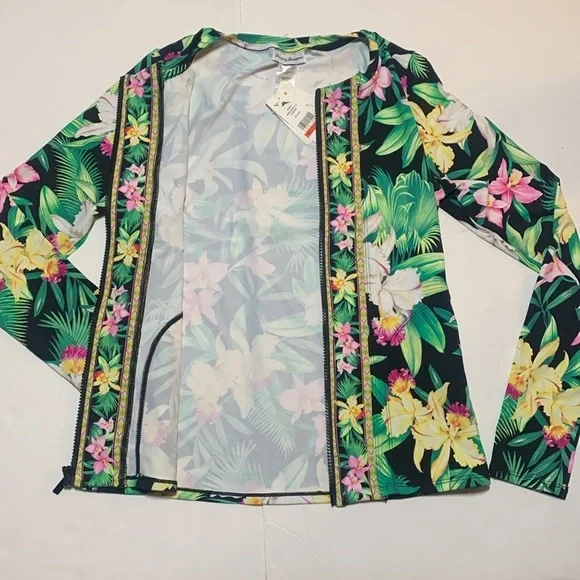 Tommy Bahama Orchid Garden Swim Rash Guard Top Full Zip Size XS UPF 50 NWT